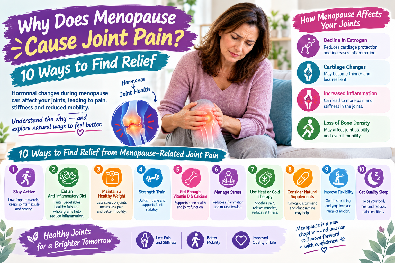 Create featured image for the blog post on the topic "Why Does Menopause Cause Joint Pain? 10 Ways to Find Relief"